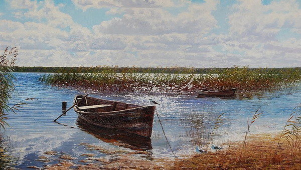 У воды. - трава, птицы, лето, берег, озеро, лодка - оригинал