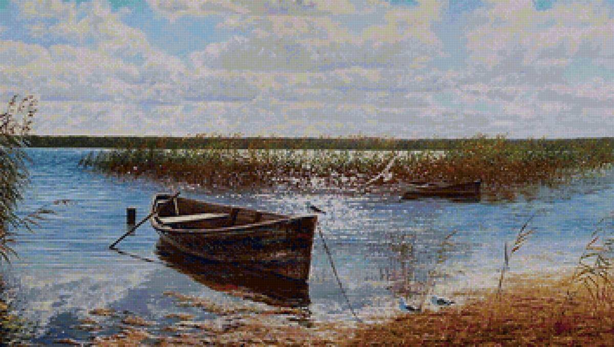 У воды. - берег, озеро, лето, птицы, трава, лодка - предпросмотр