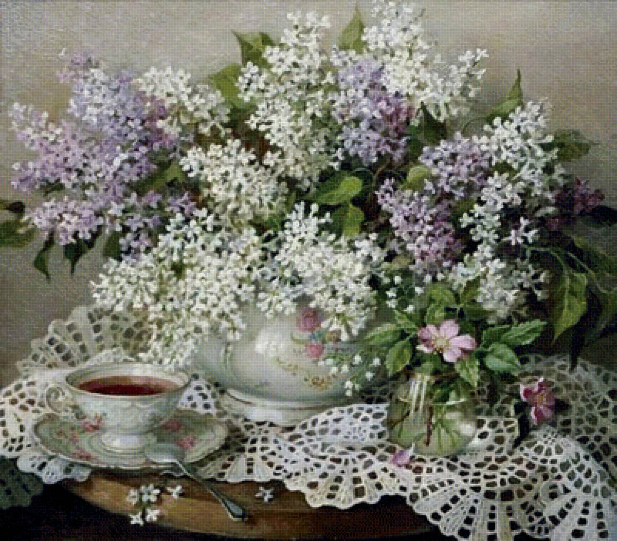 Весенний чай - ваза. салфетка, черемуха, сирень, чай - предпросмотр