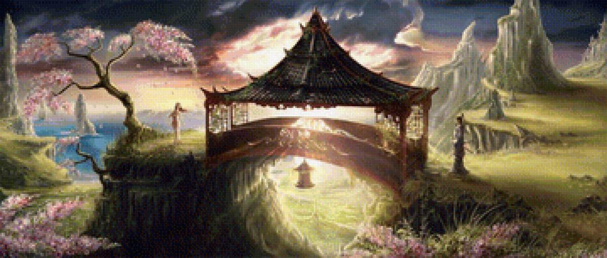 фентази пейзаж - волшебный лес, фентези, фантазия, беседка, пейзаж - предпросмотр