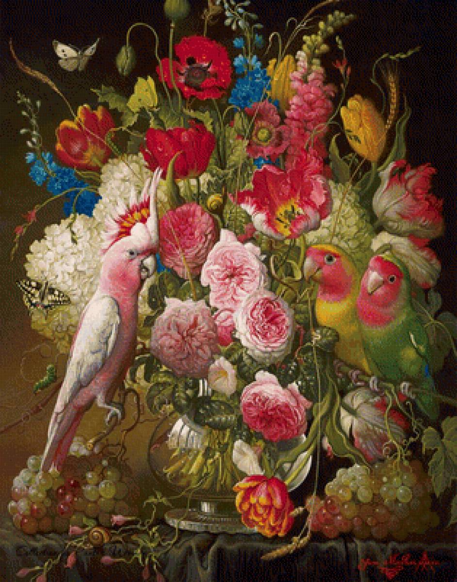 Натюрморт с попугаями - цветы, птицы - предпросмотр