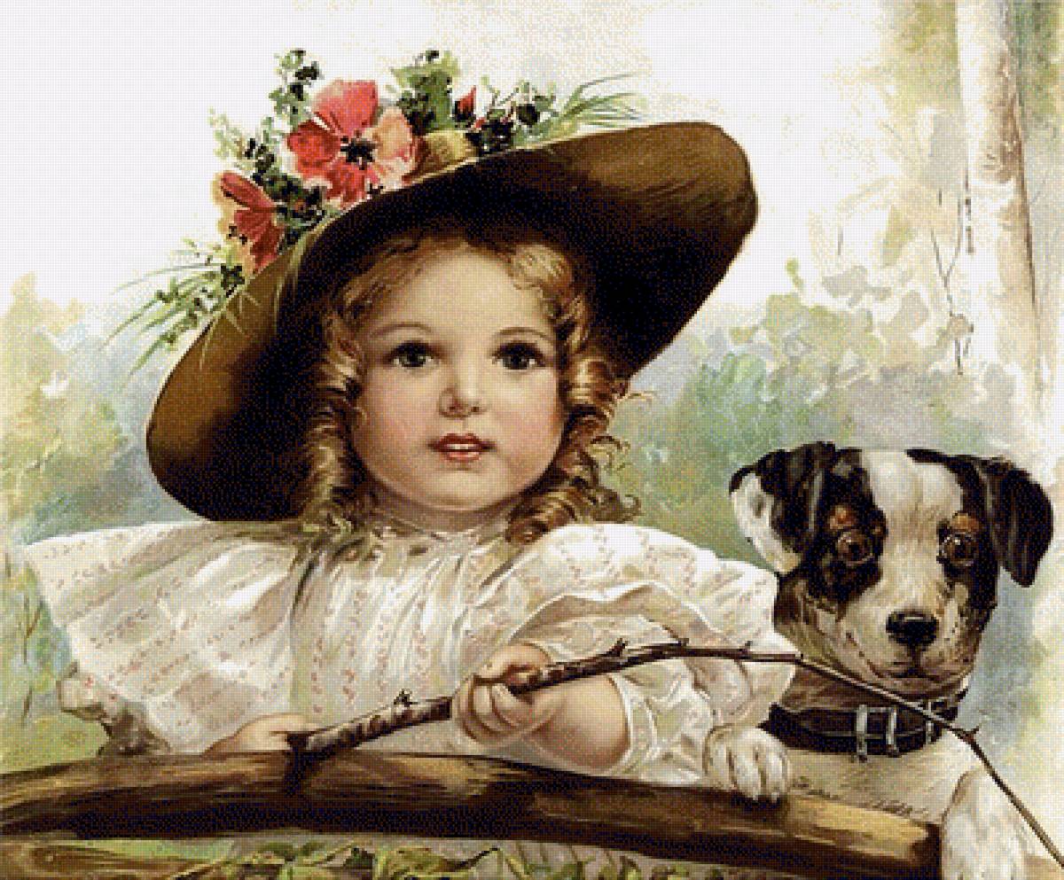 Милые рыбаки - щенок, девочка, природа - предпросмотр