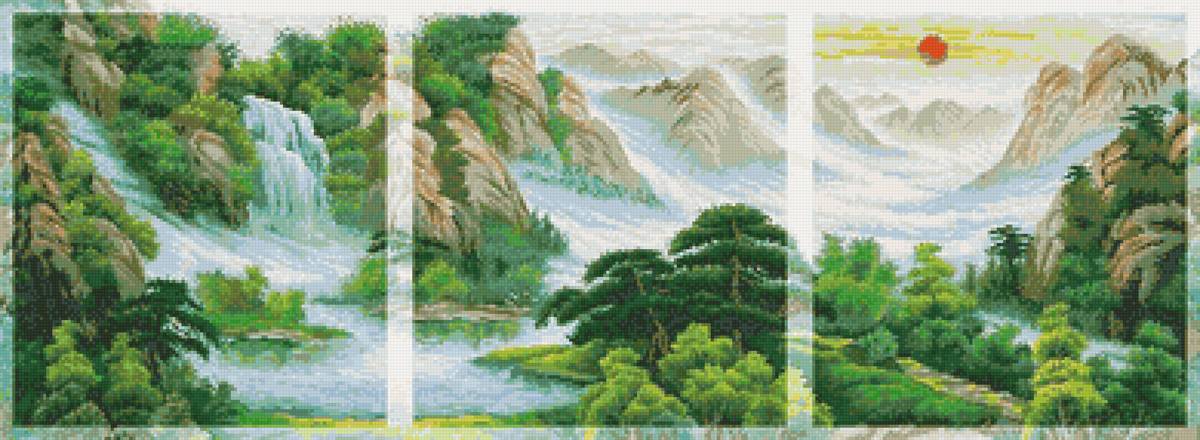 ЗАКАТ В ГОРАХ - лес, триптих, водопад, закат, природа, горы - предпросмотр