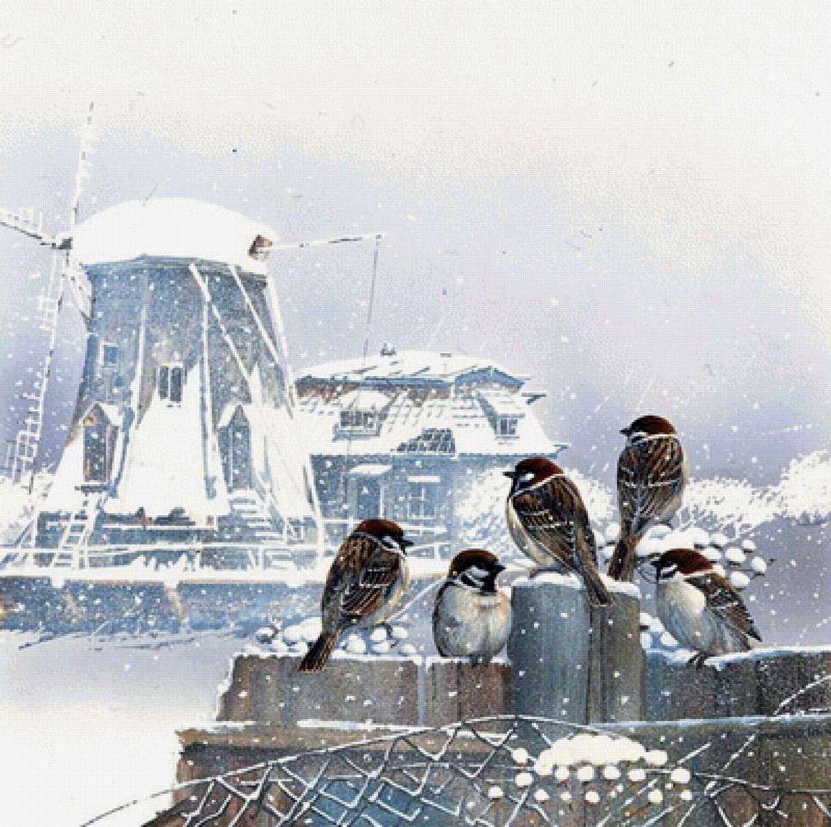 воробьи зимой - природа, зима, пейзаж, картина - предпросмотр