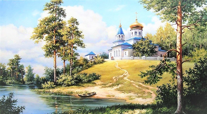 Храм у реки - лето, река, картина, пейзаж - оригинал