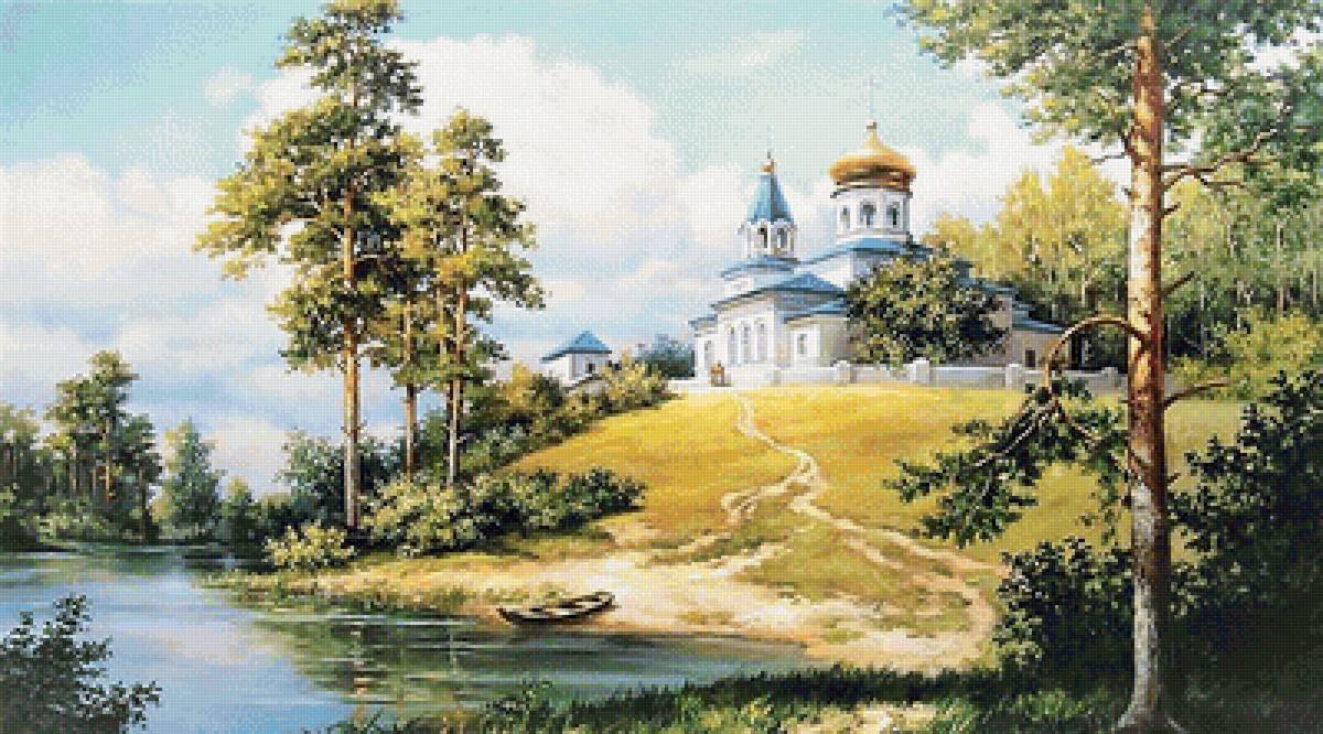 Храм у реки - река, пейзаж, лето, картина - предпросмотр