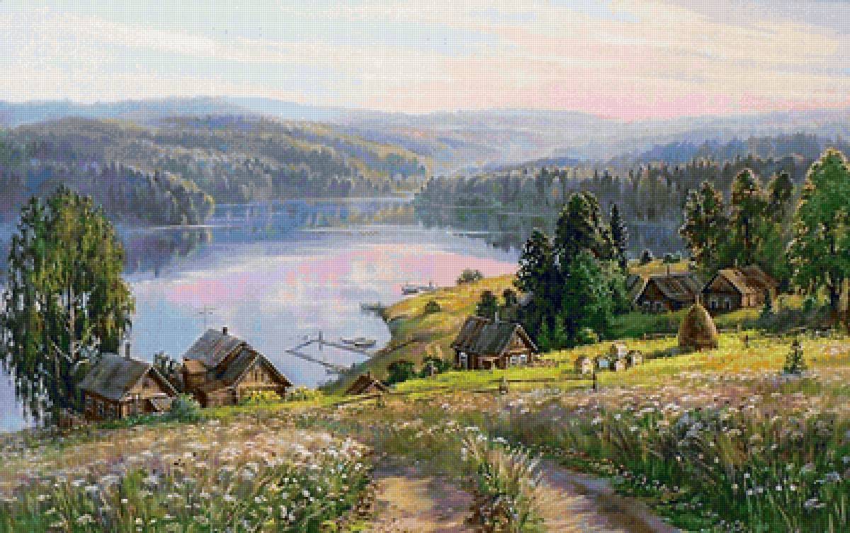 Деревенька у озера - пейзаж, картина, лето, природа - предпросмотр