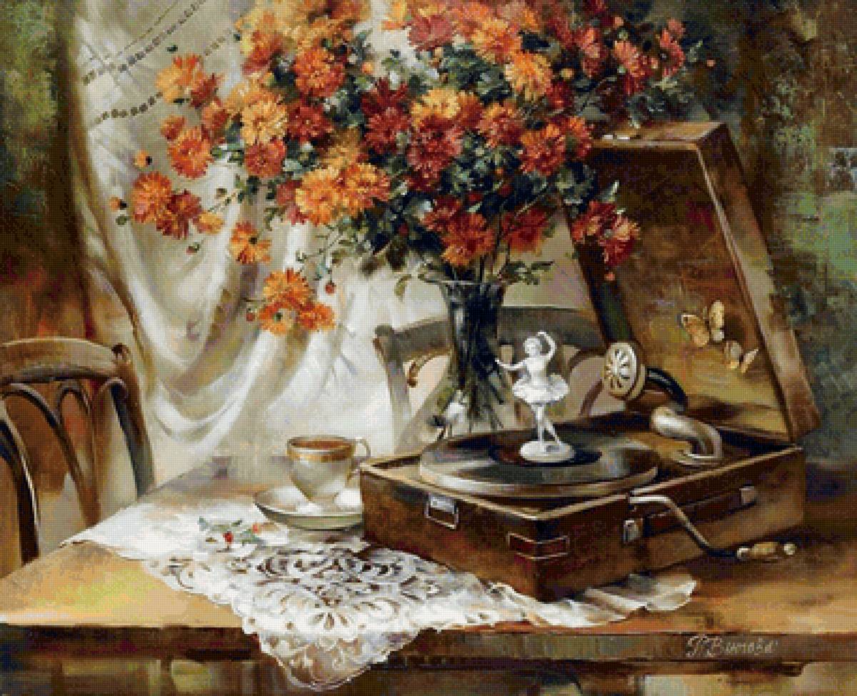 Старая мелодия - ретро, цветы, патефон, живопись - предпросмотр