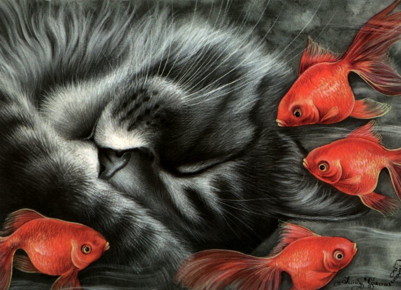 Котик и золотые рыбки - коты ирины гармашевой - оригинал