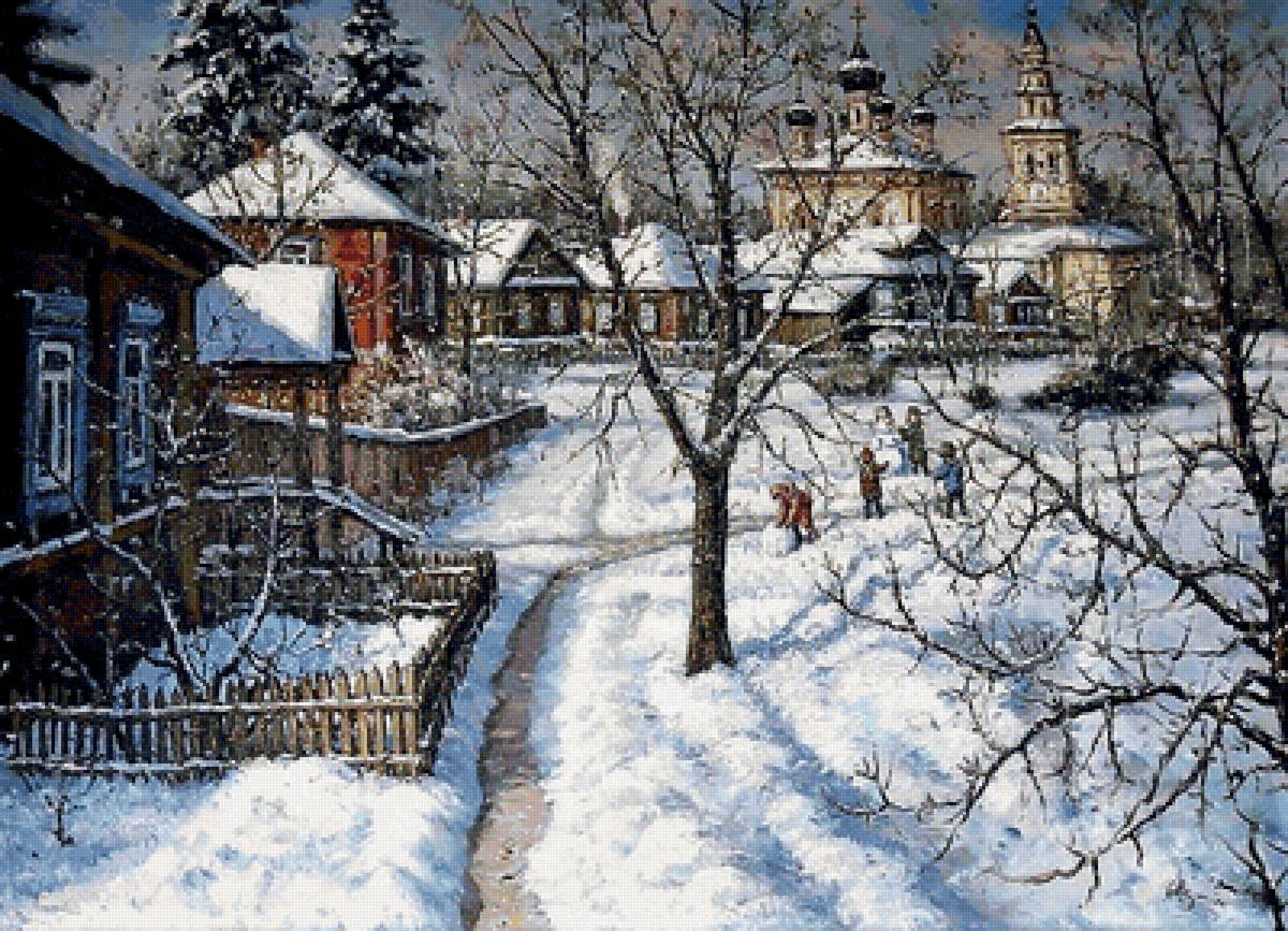 Зимой - люди, живопись, зима, картина - предпросмотр