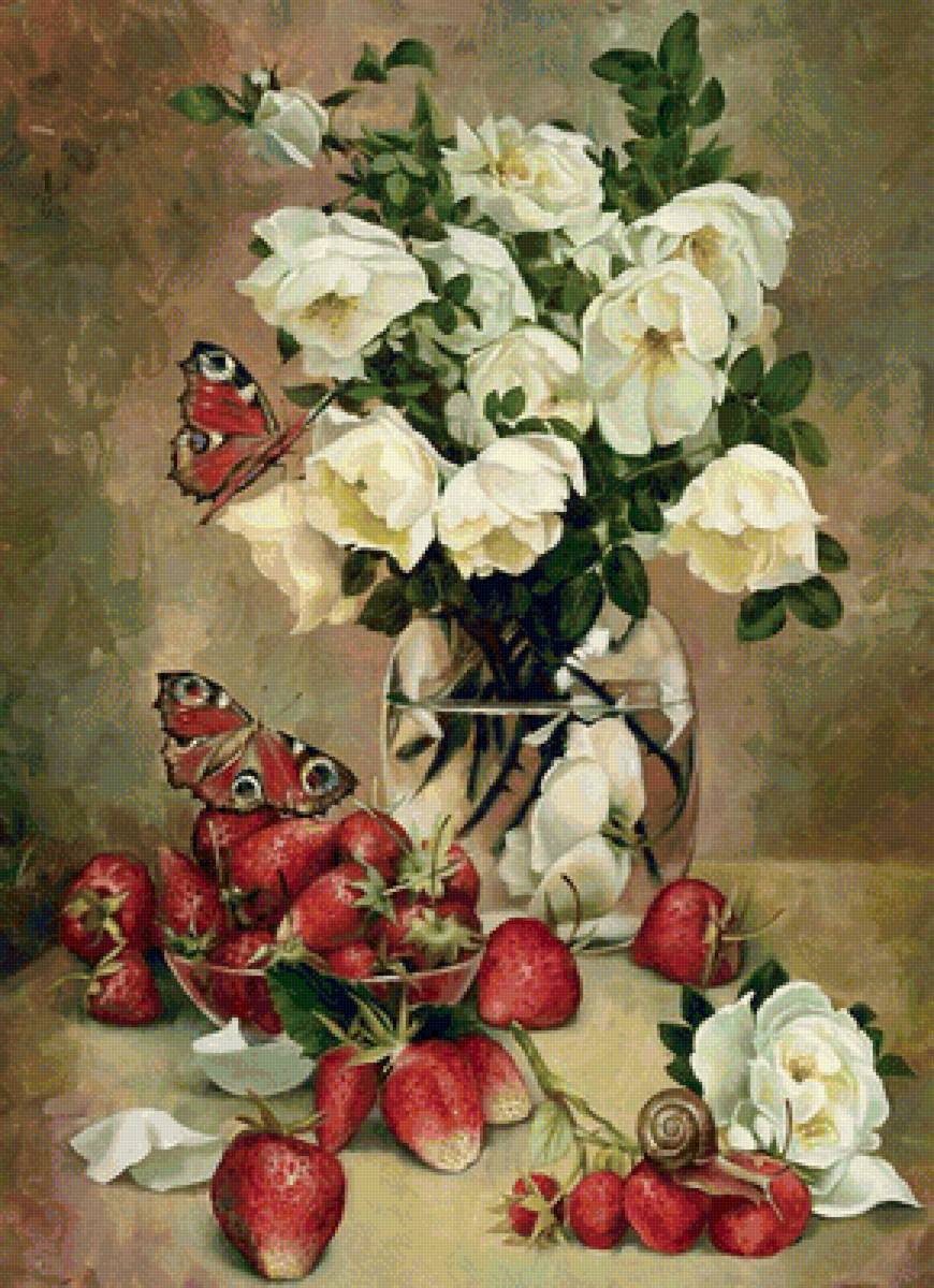 Розы и клубника - цветы. ягоды. натюрморт, живопись - предпросмотр