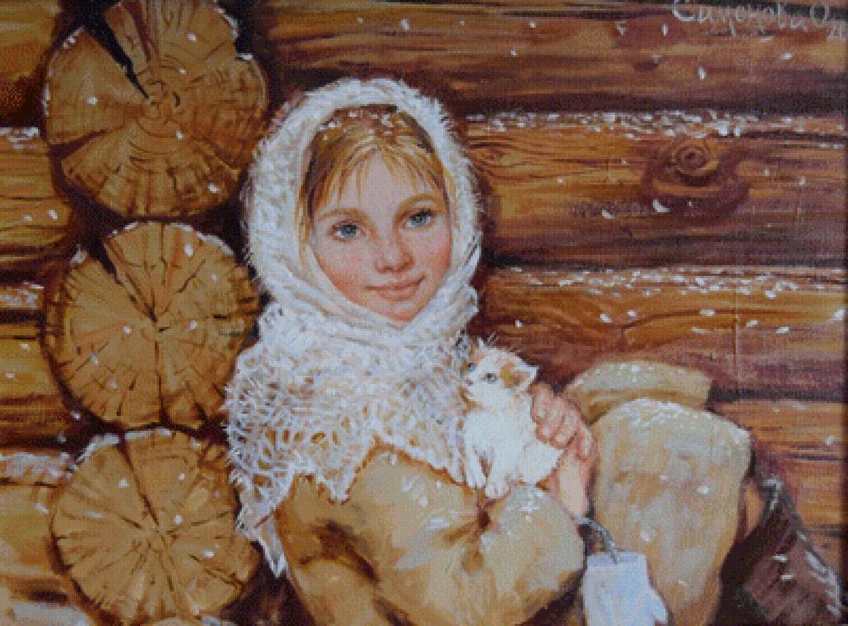 Доброта - зима, девочка, живопись, котенок, улыбка - предпросмотр