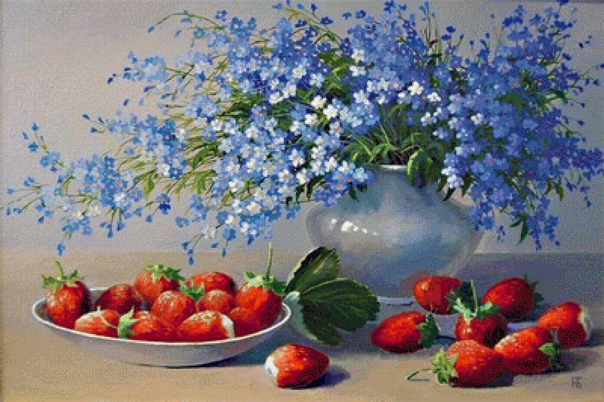 НАТЮРМОРТ С НЕЗАБУТКАМИ, КЛУБНИКОЙ - натюрморт с цнезабутками, клубникой - предпросмотр