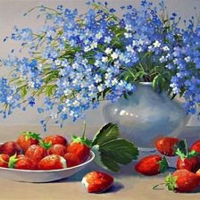 НАТЮРМОРТ С НЕЗАБУТКАМИ, КЛУБНИКОЙ