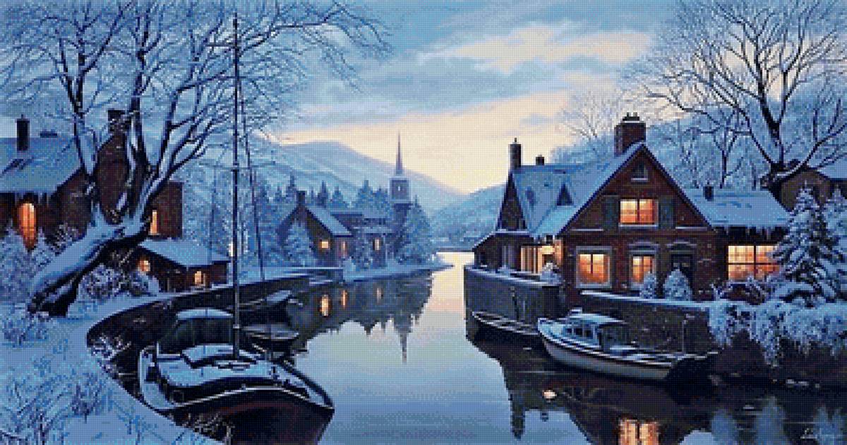 Старая гостиница у реки - город, живопись, картина - предпросмотр