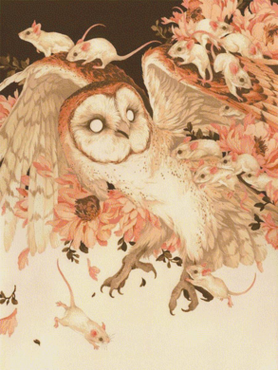 65656 - мышки, сова, цветы, вечер, винтаж - предпросмотр