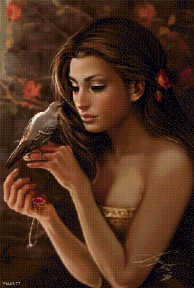 дева и соловей - цветы, девушка, сказка, птица - предпросмотр