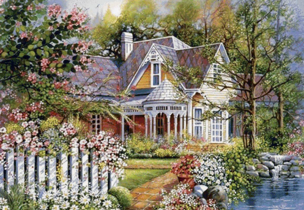 Сказочный домик - картина, природа, пруд, дом - предпросмотр