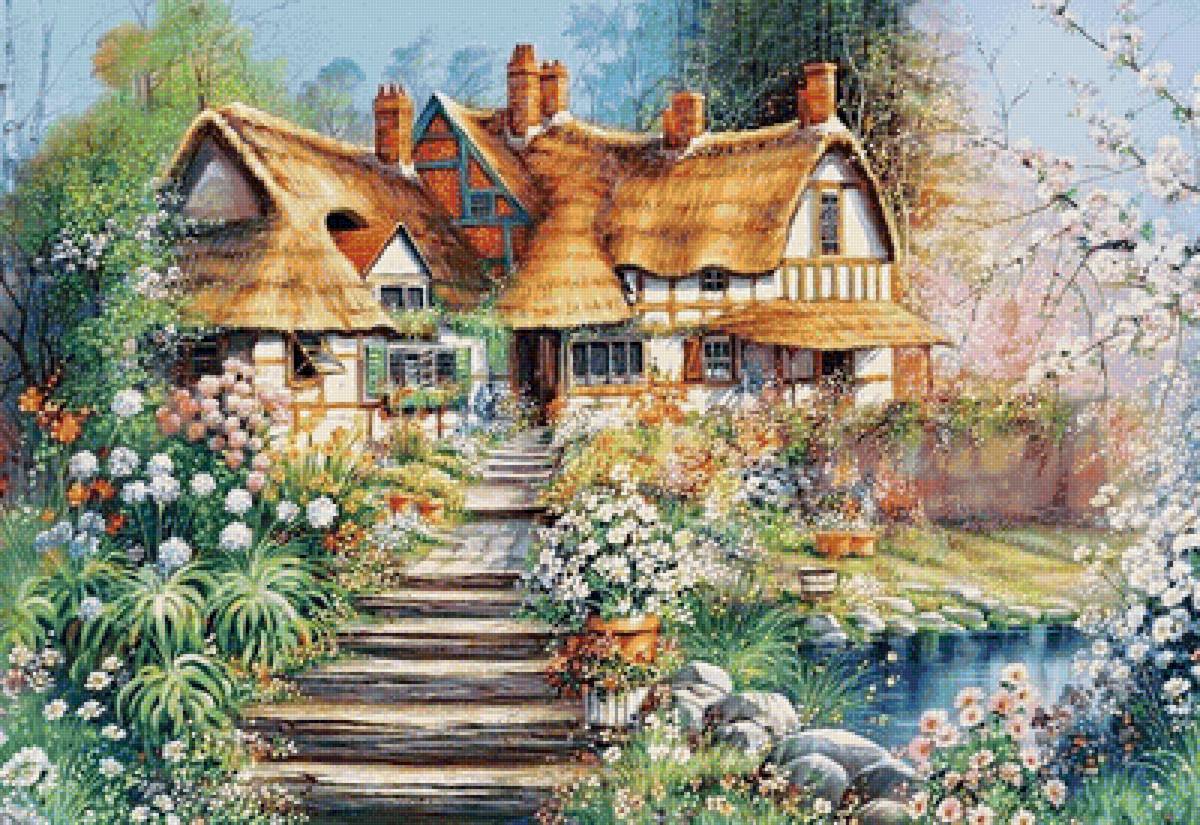 Сказочный домик - пруд, дом, картина, природа - предпросмотр