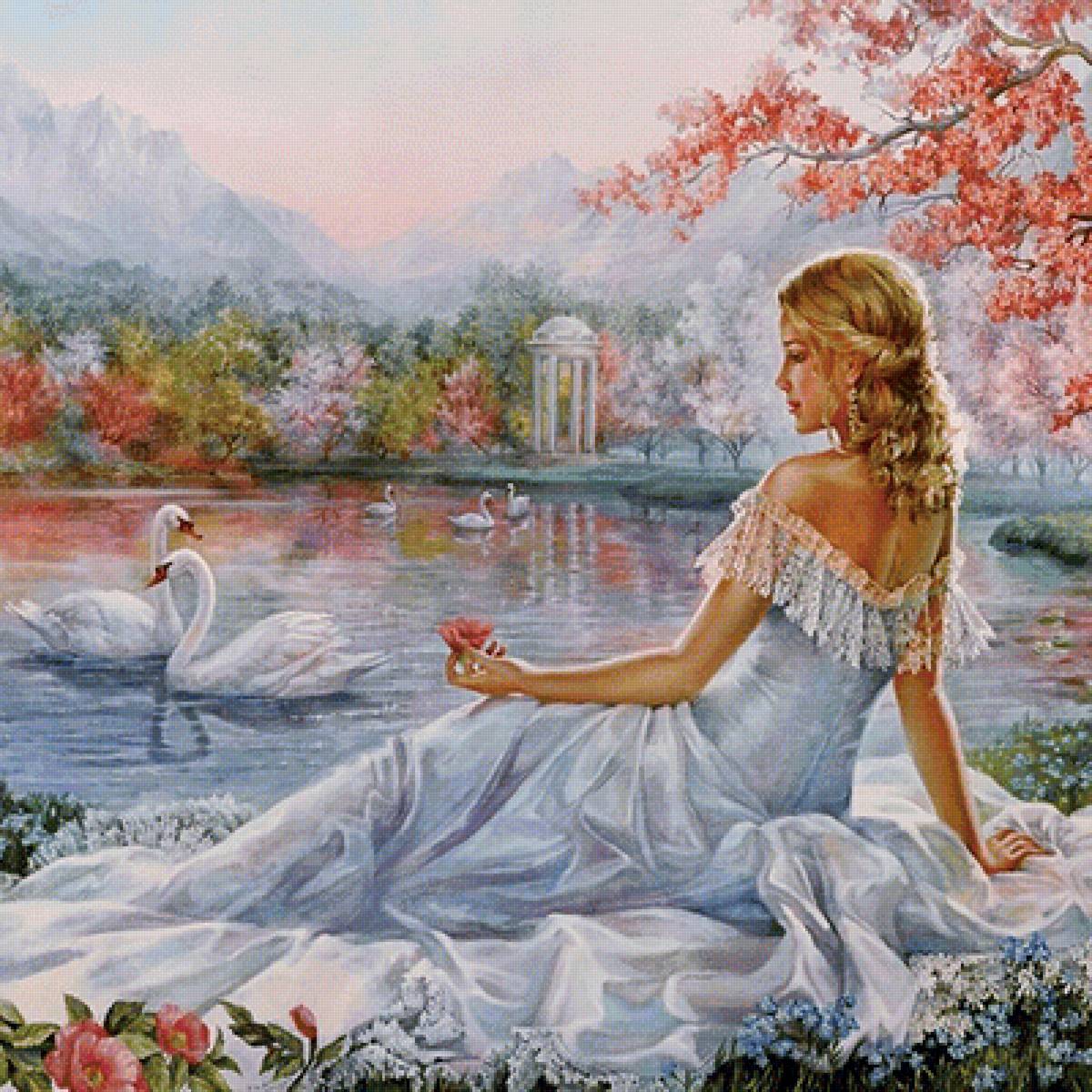 №1666380 - лебеди, девушка, пруд - предпросмотр