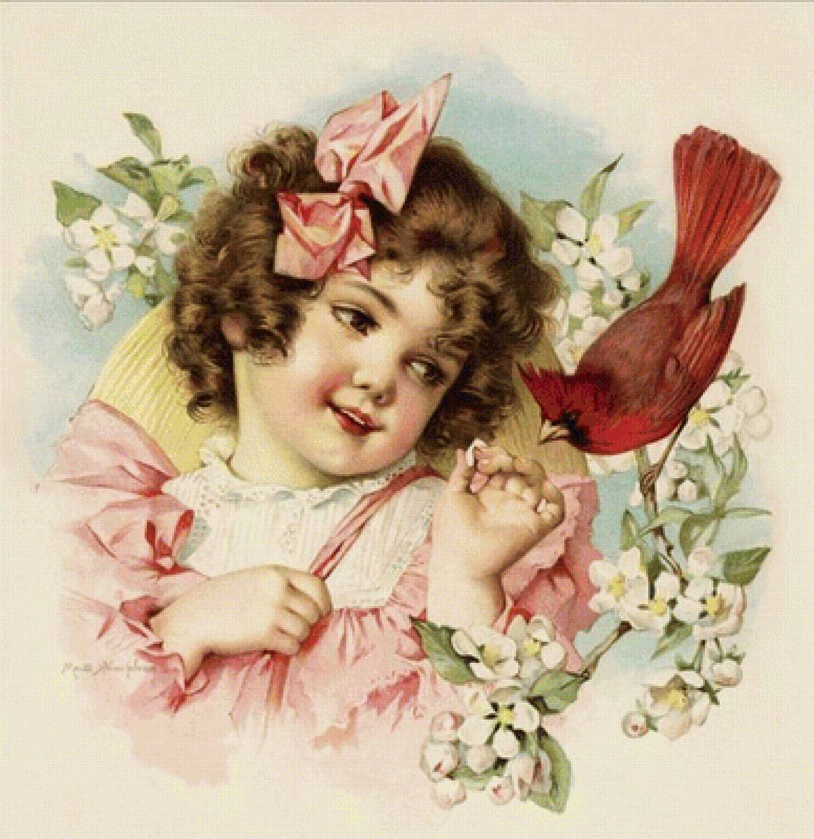 девочка с птичкой - природа, картина, люди - предпросмотр