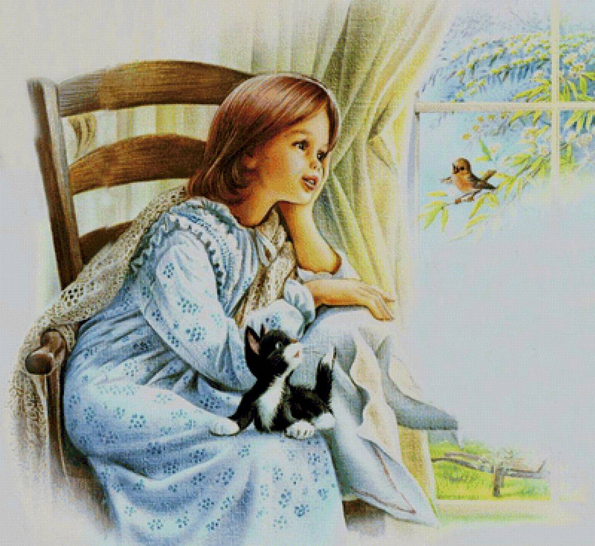 у окошка - люди, природа, картина - предпросмотр