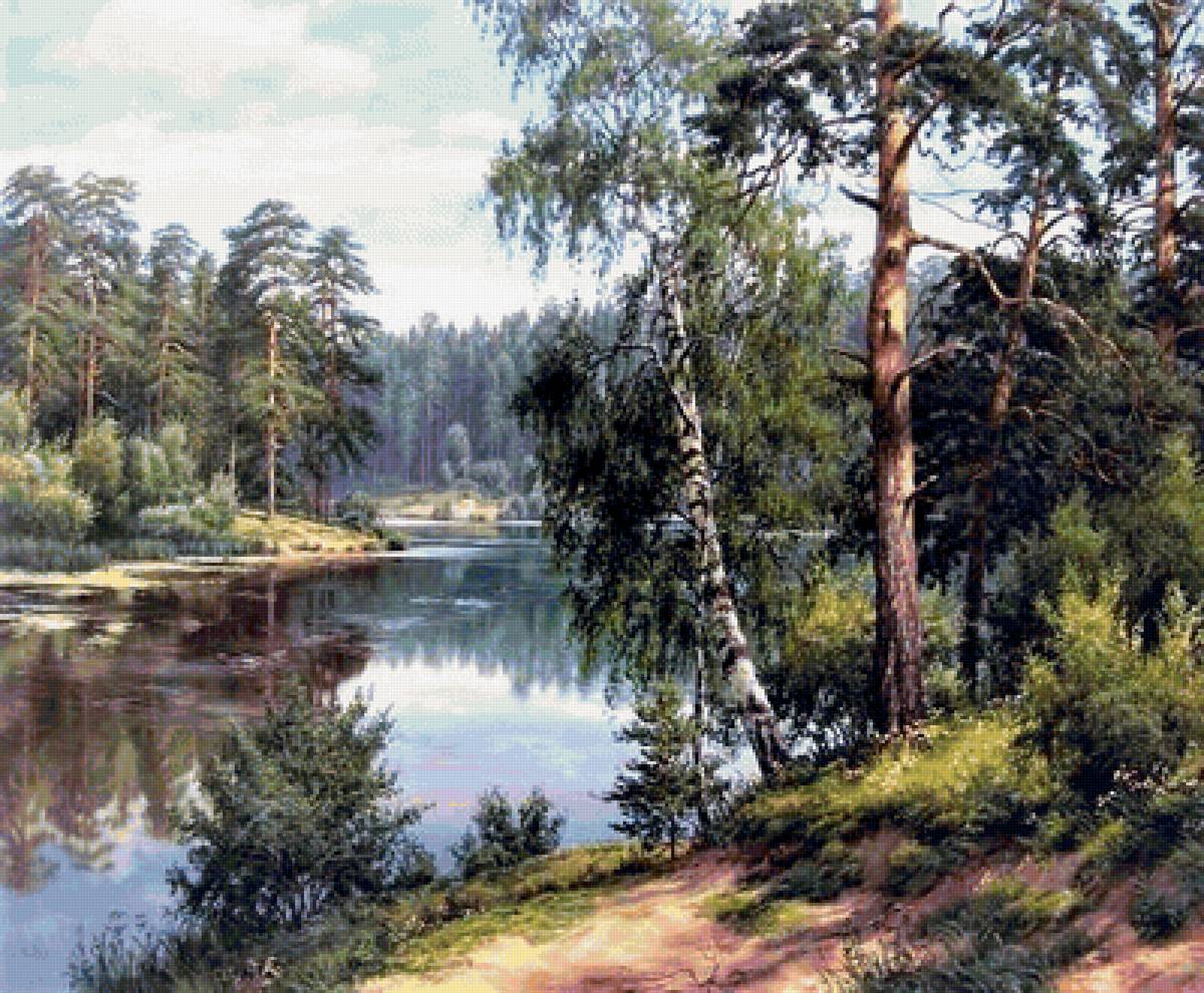 На берегу - лето, природа, картина, живопись, река - предпросмотр