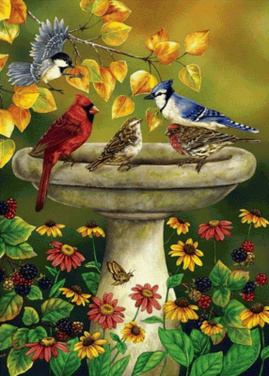 Лето - птицы, парк, цветы, арт, лето - предпросмотр