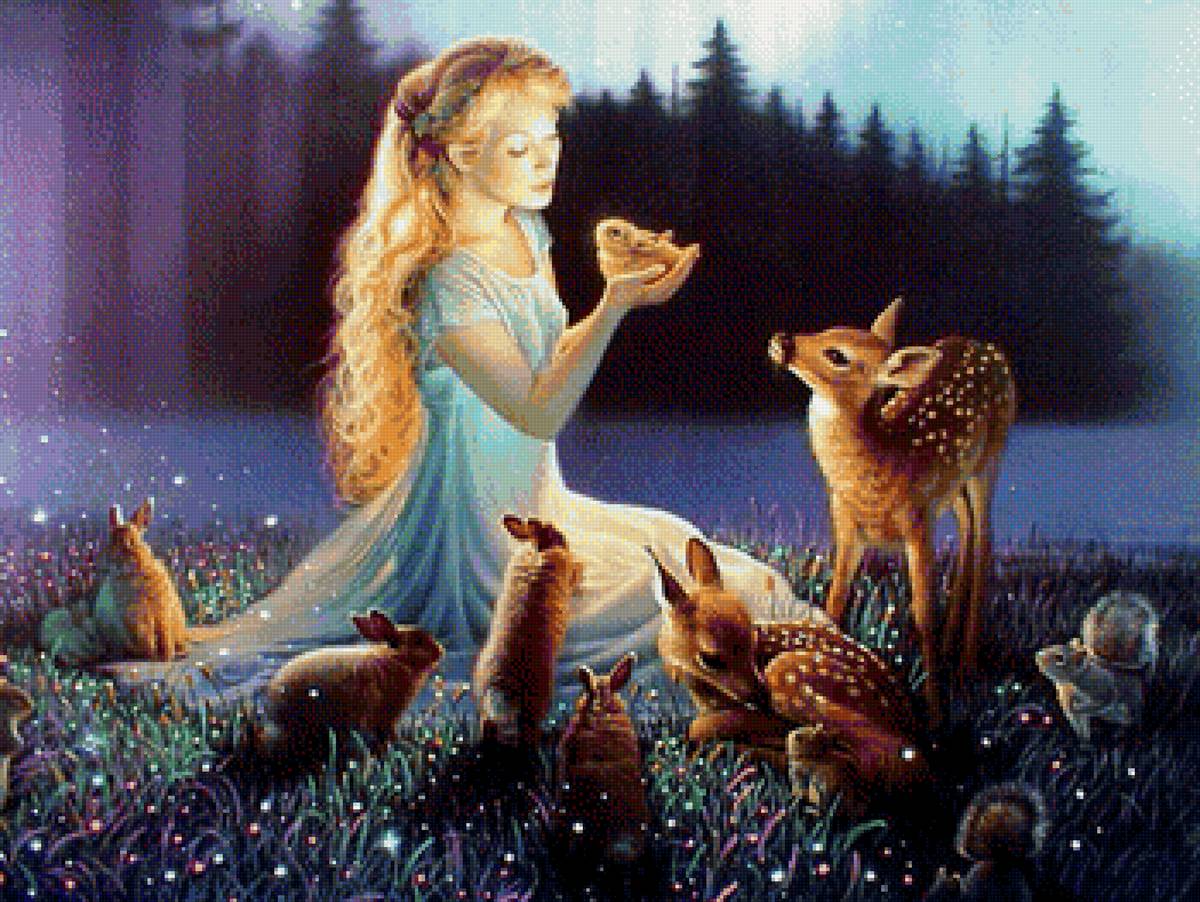 Девушка и лесные животные 2 - девушка, животные, лес - предпросмотр