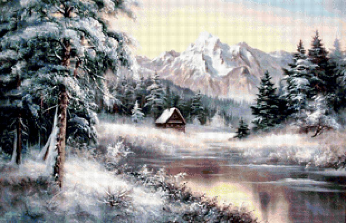 зимушка - пейзаж, зима, вода, домик, снег, озеро - предпросмотр