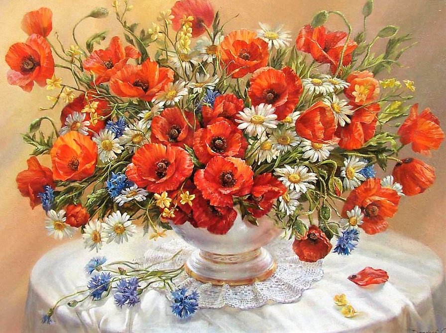Букет с маками - ромашки, цветы, маки, ваза, букет - оригинал