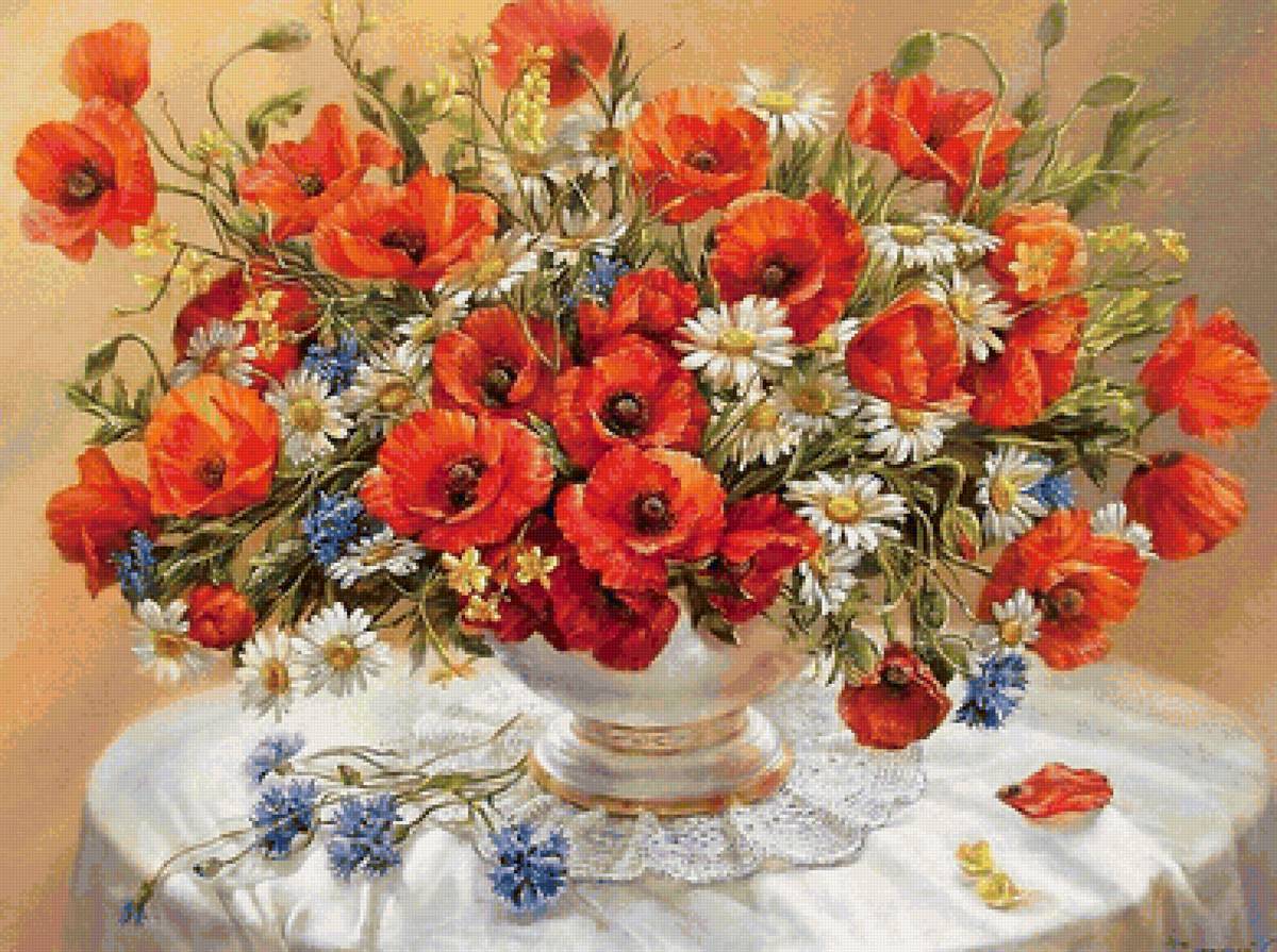 Букет с маками - ваза, цветы, маки, ромашки, букет - предпросмотр