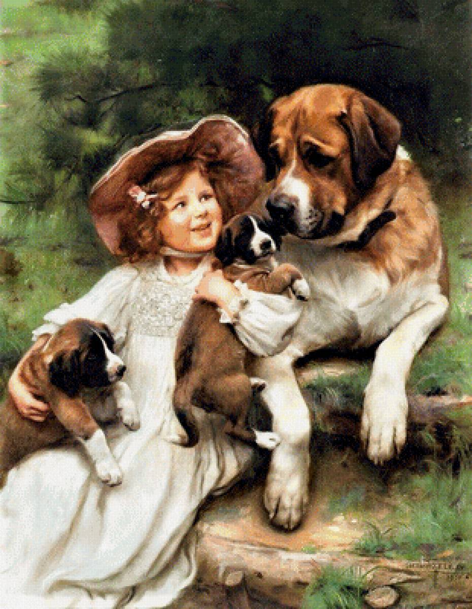 девочка и собаки - животные, люди, живопись, картина - предпросмотр