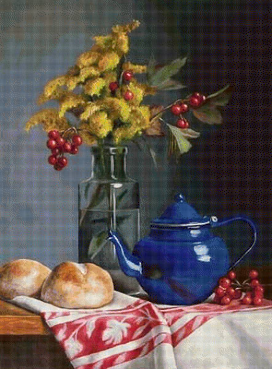 худ. Louise C. Fenne - цветы, натюрморт, хлеб, живопись - предпросмотр