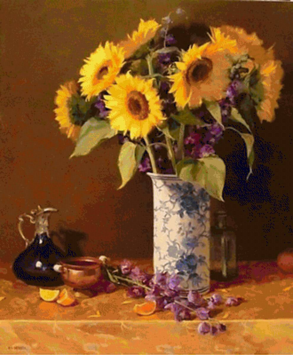 худ.  Laurie Kersey - подсолнухи, живопись, натюрморт, цветы - предпросмотр