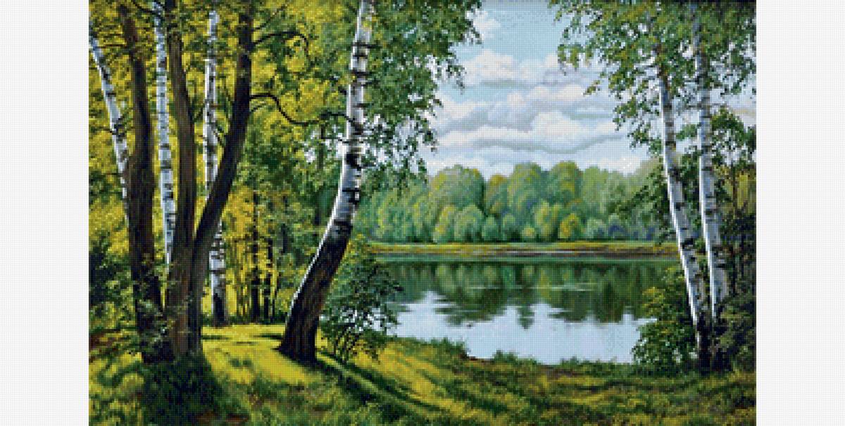 Пейзаж - лес, озеро, березы - предпросмотр