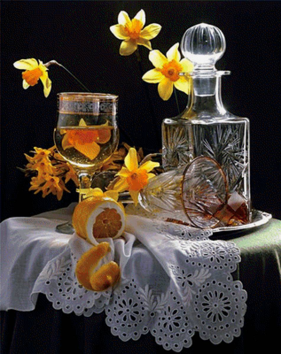 Натюрморт - натюрморт, апельсин, графин, нарцисс - предпросмотр