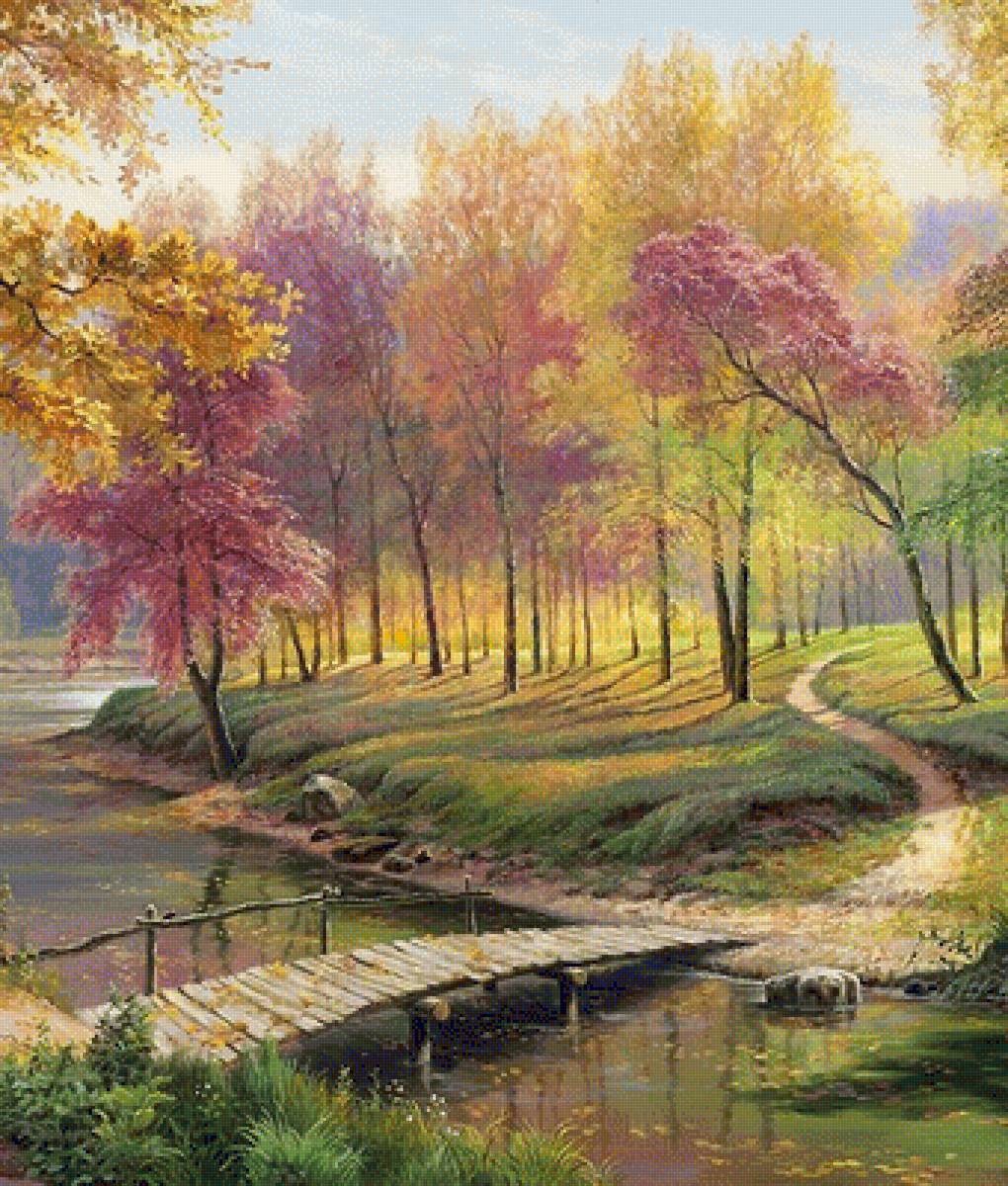 Волшебная осень - пруд, мостик, лес, осень, парк - предпросмотр