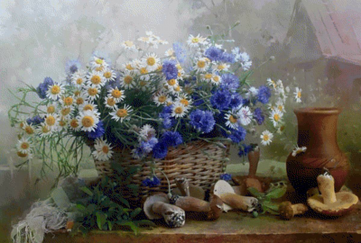 Натюрморт Летний - грибы, васильки, ромашки - предпросмотр