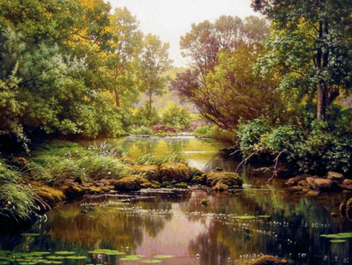 Пруд - картина, пейзаж, лес - предпросмотр