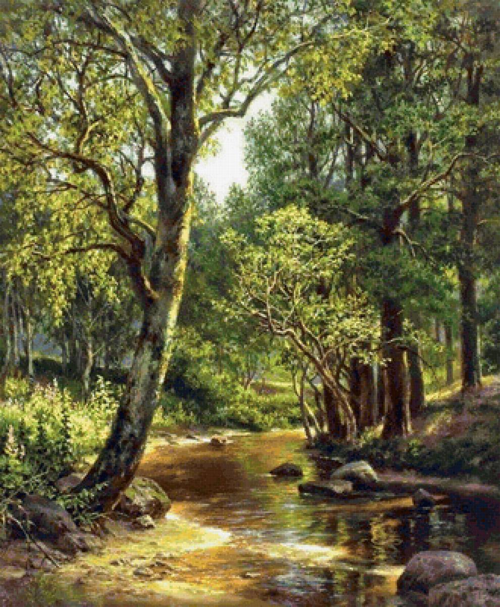 Ручей в лесу - пейзаж, природа, лес, река, картина - предпросмотр