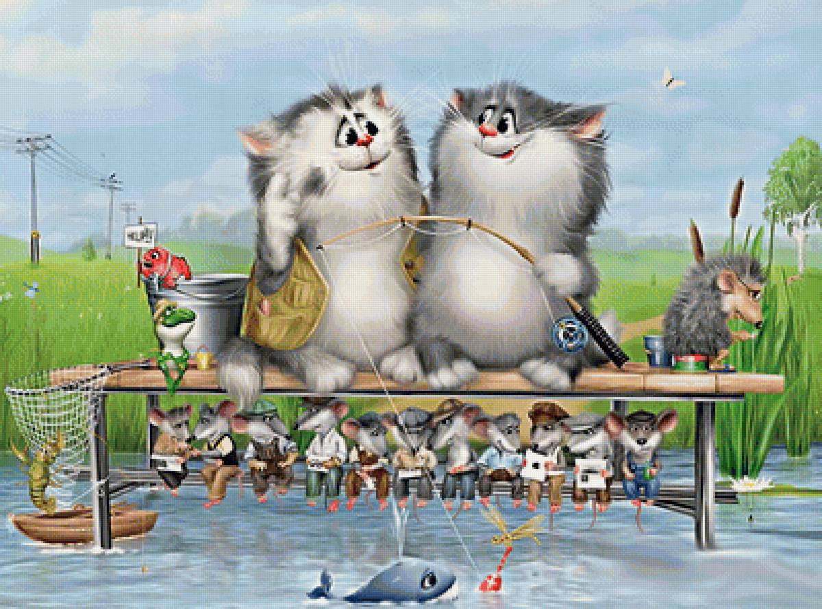 Серия "Котомышки" - мышь, пара, арт, кот, рыбалка, мышки, животное - предпросмотр