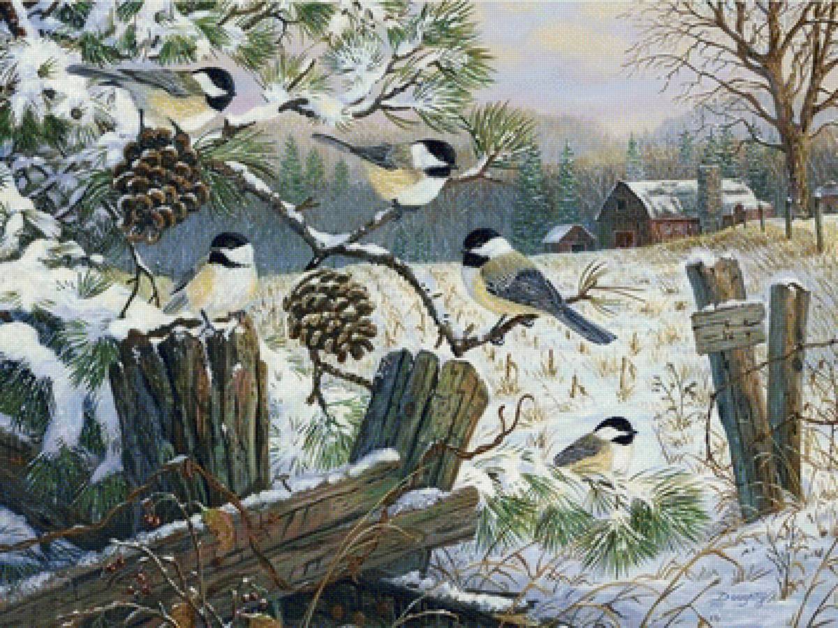 синицы - пейзаж, природа, зима - предпросмотр