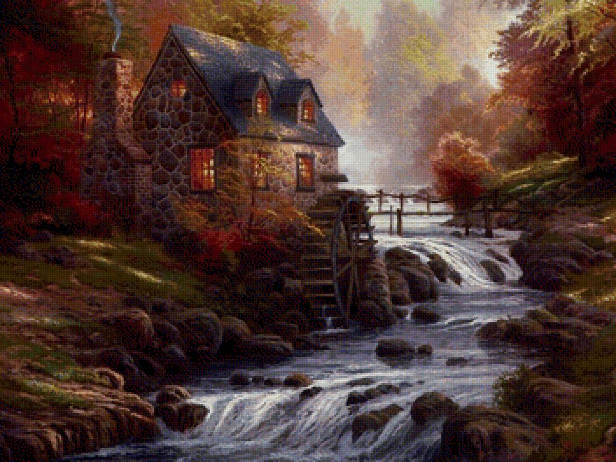 мельница - осень, река, мельница - предпросмотр