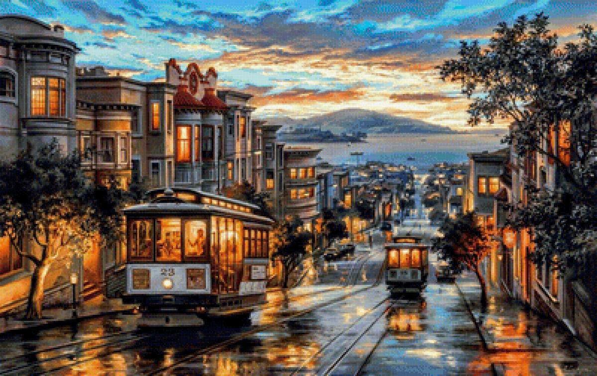 городской трамвай - вечер, трамвай, город - предпросмотр