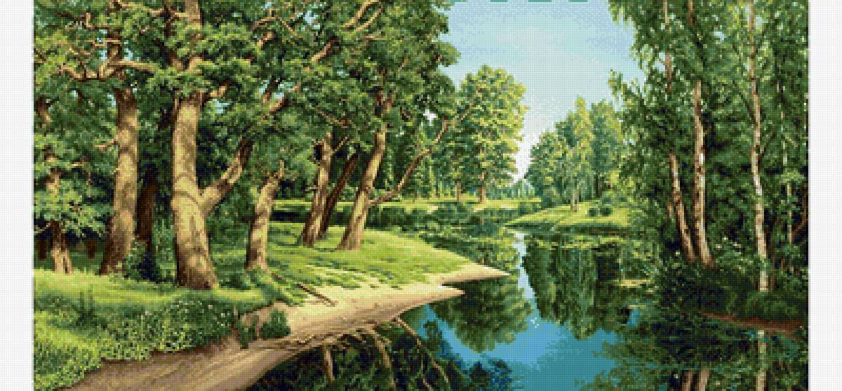 Пейзаж - река, березы, дубы, лес - предпросмотр