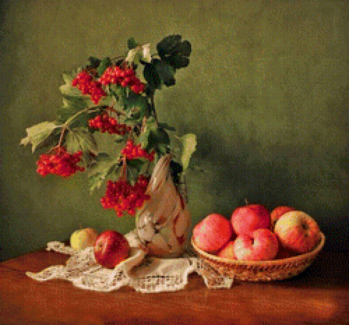 Рябина - натюрморт, ваза, яблоки, рябина - предпросмотр