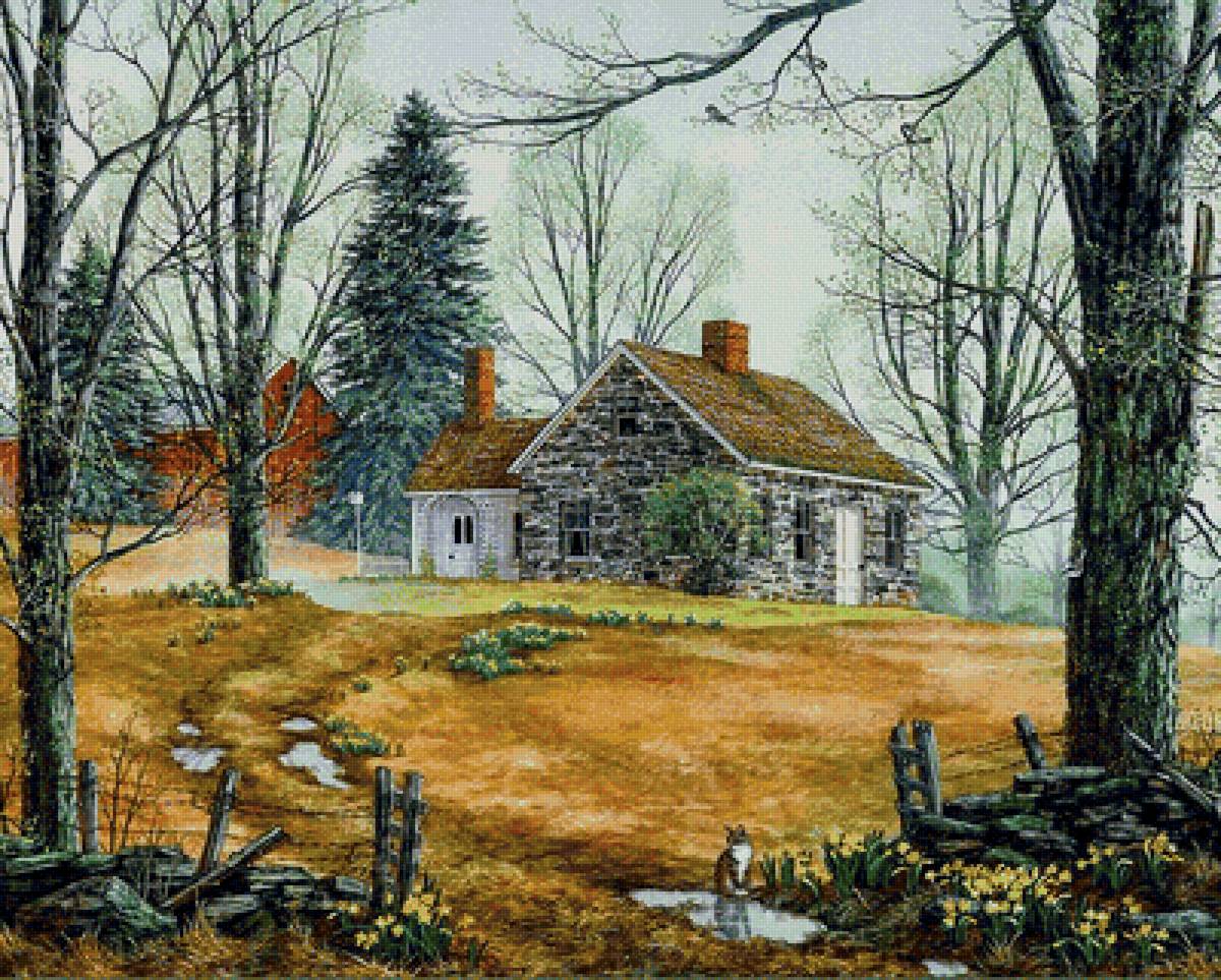 Сельский пейзаж - кошка, домик - предпросмотр