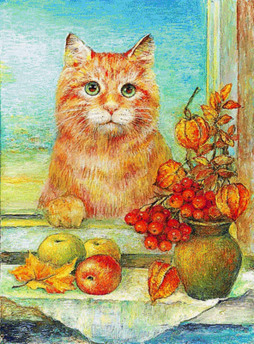 Натюрморт с котом. - букет. натюрморт. живопись., кот - предпросмотр