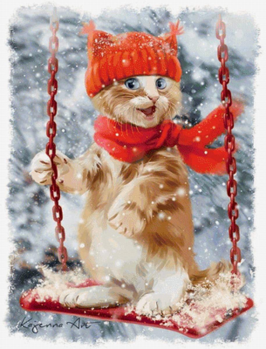 Мир животных - качели, котенок, зима, кот, арт - предпросмотр